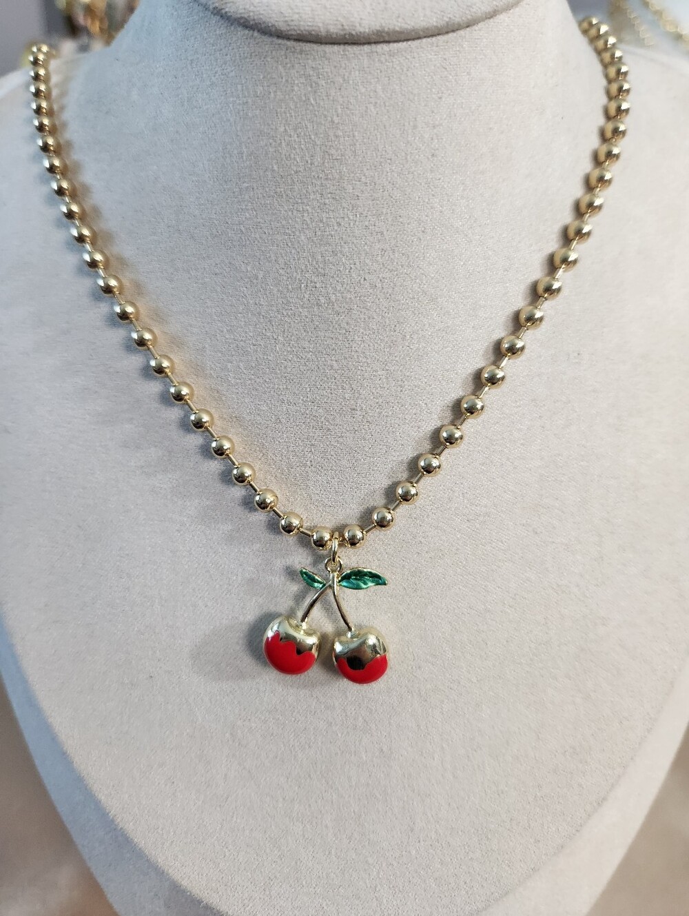 Gold Cherry Pendant Necklace with Ball Chain